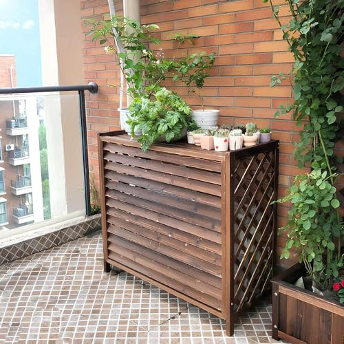 HRXQ Solid Wood Air Conditioning Cover Decorative Frame for Outside Unit, Retro Brown Air Conditioner Privacy Screen Plant Flower Stand Display for Balcony(Medium-100x43x94cm)