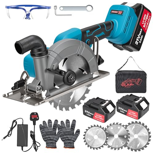 Cordless Mini Circular Saw,7000RPM Mini Circular Saw with 2×3.0Ah Battery & Charger,Circular Saw with 3 Blades Max Cutting Depth 48mm,0-45° Cutting Angle for Metal Wood Plastic Tile Cut