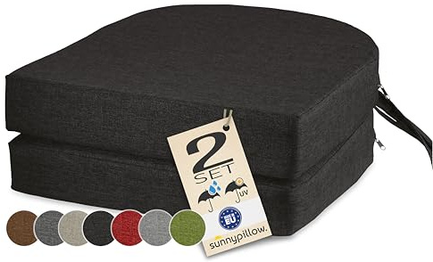 sunnypillow 2er Set Stuhlkissen Outdoor, wasserdicht UV-lichtecht 40 x 40 x 7cm dick - Polsterauflage mit Bändern - Auflage für Stühle,Bänke - Sitzkissen Stuhlauflage für Haus und Garten - Schwarz