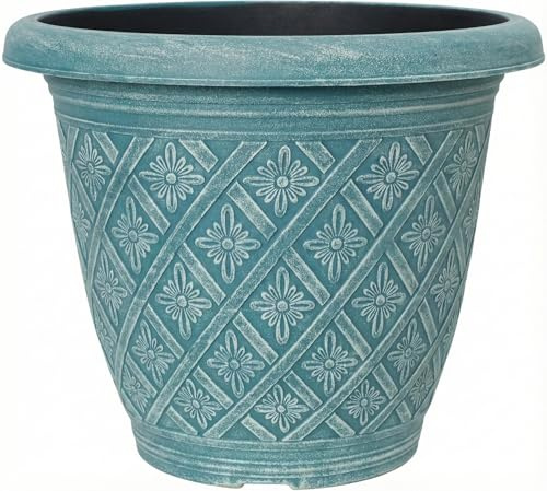 Fyne-Finds Round 33cm 13inch Garden Plant Pot Woven Flower Outdoor Decor Planter Frost Proof Weatherproof Drainage Hole (Teal)