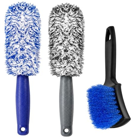 GYTFOG 3PCS Wheel Brush, Professional Vehicle Wheel Brushes Kit | Car Wheel Brush Set with Long Handles, Tyre Brush, Soft Dense Bristles for Rims, Motorcycles Bicycles Boats Car Truck SUV