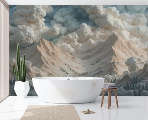 Carta Da Parati Fotomurale Xxl Rilievo 3D Montagne Nuvole 250X175Cm, Poster Murale Fotografica 3D In Tessuto Non Tessuto Paesaggio Naturale Di Grande Per Tv Corridoio Soggiorno, Blu Bianco