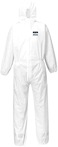 Portwest ST30 BizTex SMS Coverall Type 5/6 Breathable Lightweight Protective Suit Anti-Static Elasticated Hood & Cuffs Durable Workwear for Hazardous Environments, White, L