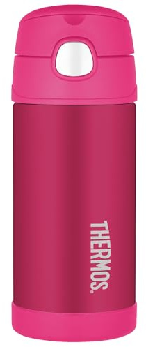 Thermos - Pink Water Bottle (355ml) - BPA Free, Stainless Steel, Spill Proof, Pop-Up Straw, Kids Flask with Carry Handle for 12-Hour Cold Drinks