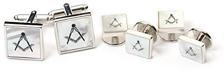 The Masonic Collection Manschettenknöpfe aus Perlmutt und Hemdnieten – Silber rhodiniert – Lieferung in Manschettenknopf-Box/Samtbeutel – hochwertiges Geschenk für Männer, Stein