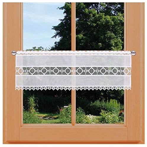 Feenhausgardine Lavina mit Vogtländischer Spitze Landhaus-Scheibengardine in weiß | kurzer Scheibenhänger mit moderner Stickerei-Kante | handgefertigte Kurzgardine | Spitzengardine HxB 26 x 80 cm