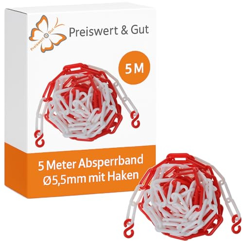 Preiswert&Gut Absperrband 5 Meter Absperrung Ø5,5mm Parkplatzsperre Farbwahl Kunststoffkette Neu Plastikkette Kunststoff Sperrkette mit Haken (rot/weiß)