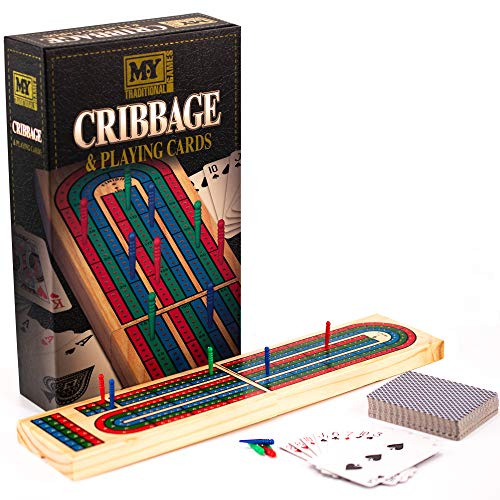 M.Y Deluxe Solid Wood Cribbage Board & Playing Cards Traditional Card Game