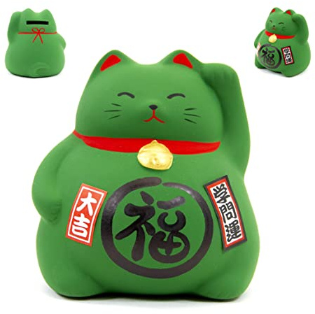 Maneki Neko - Gatto giapponese portafortuna con zampa sollevata in argilla, prodotto in Giappone, statuetta salvadanaio di fortuna, prosperità, ricchezza, salute - Lucky Cat (SW-005)