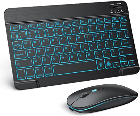 TECURS Bluetooth Keyboard and Mouse Combo for iPad - Rechargeable Wireless Keyboard & Mouse with 7-Color Backlit Compatible with iPad 10th/9th/8th Gen, iPad Pro/Air/Mini, iPhone15/14/13 Pro, Black