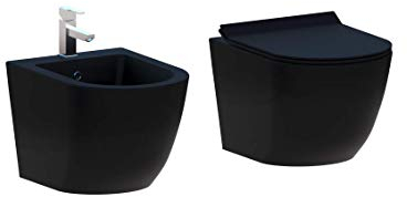 Spülrandloses hängendes Sanitärset Modell New Edge in mattem Schwarz inklusive soft-close WC-Sitz