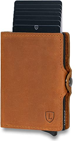 Lederhand Swipe Classic – Premium Echtleder Geldbörse handgemacht für Herren und Damen Portemonnaie Aluminium Kartenhalter mit Münzfach und Platz für 11 Karten mit RFID NFC Schutz | (Hellbraun)