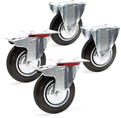 Wiltec Kit 4x Roulette – 2x Pivotantes double arrêt et 2x Fixes – Diamètre 160 mm – Capacité 130 kg/roue – Charge lourde, Caoutchouc plein Transport Meuble