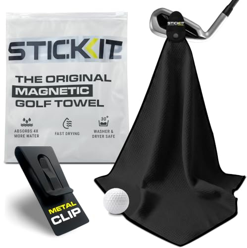 STICKIT Magnetisches Golf-Handtuch, schwarz, Mikrofaser-Golf-Handtuch mit tiefen Waffeltaschen, industrieller starker Magnet für starken Halt an Golfwagen oder Schlägern
