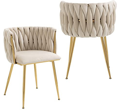 NIOIIKIT Modern Velvet Dining Chairs Hand Weaving Accent Chairs Living Room Chairs Upholstered Side Chair with Golden Metal Legs for Dining Room Kitchen Vanity Living Room (Ivory)