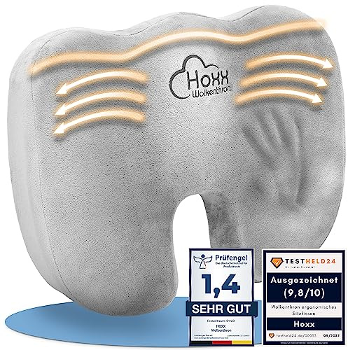 Hoxx ® Wolkenthron Sitzkissen Orthopädisch - ergonomisches Gel Sitzkissen für Bürostuhl & Auto, Steißbein Entlastung, fördert ideale Körperhaltung, Sitzring für Komfort (55-95 kg) - Seat Cushion