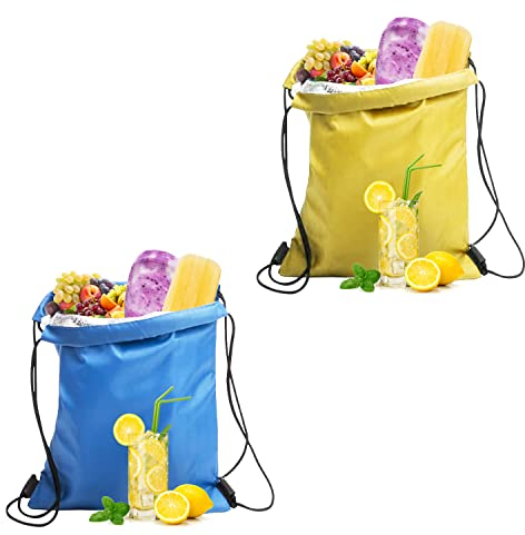 2 paquetes mini bolsa de almuerzo isotérmica con cordón ajuste, Bolsa impermeable, plegable, para refrigerador, trabajo, viajes (azul cielo, amarillo)