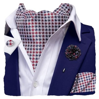 Hi-Tie Seide, Ascot für Herren, Krawatte und Blume, Anstecknadel, Taschentuch, Manschettenknöpfe, Set für Hochzeit, Party, Schwarz und Rot, Medium