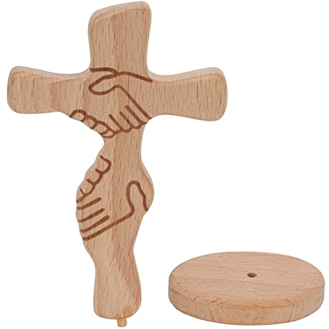 Tyenaza Statua a Croce, Decorazione da Tavolo a Croce in Legno Robusto Legno di faggio Durevole Modello di agitazione della Mano Stabile Struttura intagliata Ornamento a Croce Rustico