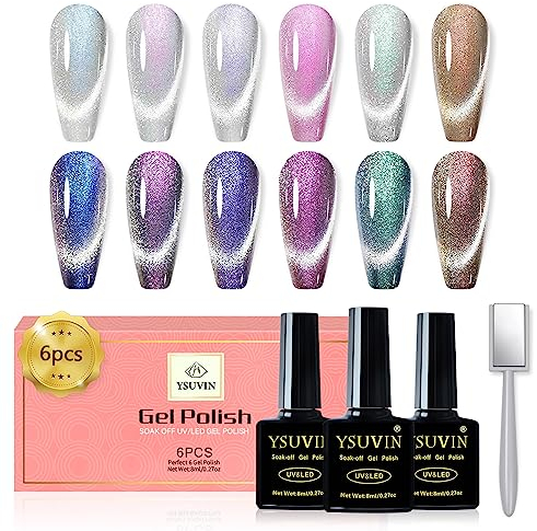 YSUVIN UV Nagellack Magnetisch, 6 Farben Rosa Lila Blau Grün Gelb Cat Eye UV Gel mit Magnetstift Soak-off Cateye Nagellack für Anfänger DIY Nail Art Maniküre Salon, 8 ML