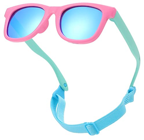 COASION Bendable Flexible Polarized Newborn Baby Sunglasses with Strap for Infant Boys Girls Age 0-12 Months (Pink-Green/Blue Mirror)