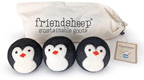 Friendsheep Wool Dryer Balls, Organic Reusable Fabric Softener Alternative for Laundry, Handmade, Fair Trade, Hypoallergenic, Eco-Friendly, Plastic-Free (3 Pack XL – Penguin)