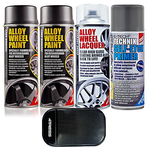 4TRESS E-Tech 2 x 400ml Technik Grey Chip Resistant Alloy Wheel Spray Paint, 1 x Clear Lacquer Car Alloy Wheel Paint, 1 x 400ml Self Etch Grey Primer Non Slip Car Dash Mat