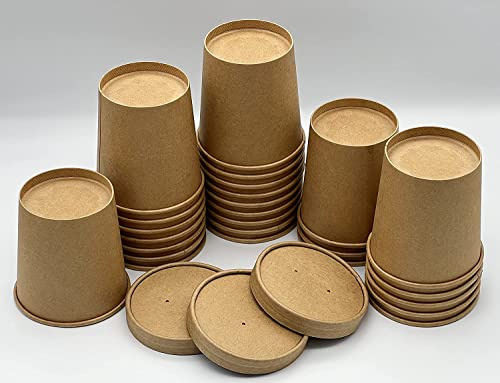 HOT BARGAINS 25 X 16oz Brown Kraft Disposable Soup Cups Containers with Lids Takeaway Tubs for Ice Cream, Dessert and Deli Containers (16oz, 25, Count)