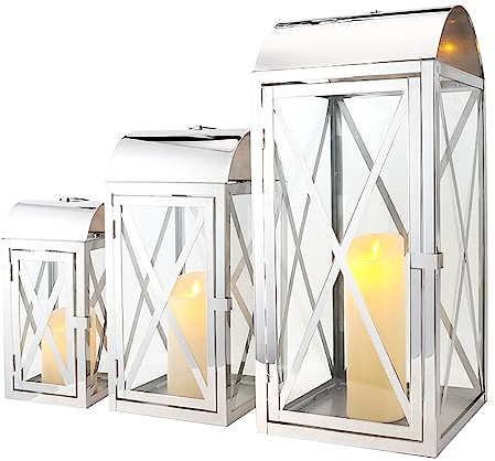 TRIROCKS 3er-Set Kerzenlaternen aus Edelstahl 28/38,5/52 cm Hoch Metall-Kerzenhalter mit Gehärtetem Glas für Heimdekoration Wohnzimmer Partys Veranstaltungen Drinnen Draußen (Silber)