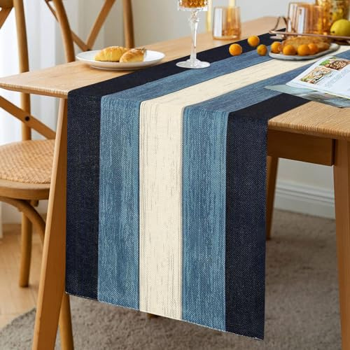 Runner da tavola moderno alla moda, blu profondo e bianco, strisce di venature del legno, runner da tavola stagionale, decorazione per interni, vacanze, feste, 33 x 183 cm, stile vintage