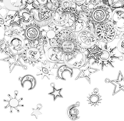 SUPERFINDINGS 70Pcs Antique Silver Sun Moon Star Jewelry Charms Pendant Tibetan Alloy Pendants Vintage Celestial Pendants Star Moon Dangle Pendant for DIY Jewelry Making Hole: 1.8mm