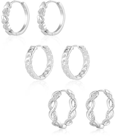 Silber 925 Ohrringe Creoles Damen, Small Creoles Silber Set, 3 par Sterling Silber 925 Ohrringe Small Herz Kette Twist Creoles Glitz Zirkon Ohrringe Set Silber Knorpel Huggies Creoles Creoles Damen