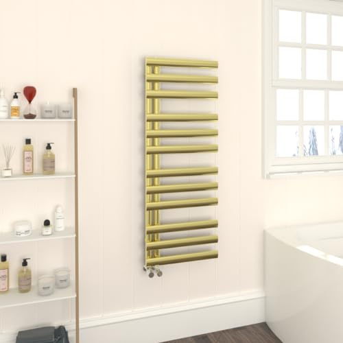 Warmehaus Oval Panel Heated Towel Rail 1200x450mm Warmer Brushed Brass | Bathroom Ladder Style Radiator, Central Heating, for Bathroom Kitchen Living Room, Wall Mounted, Mild Steel, Modern