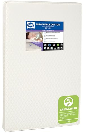 Sealy Baby Breathable Waterproof Cotton Portable Mini Crib Mattress, Premium Sustainable Non Toxic Core, Hypoallergenic, GREENGUARD Gold Certified, Safety & Quality Tested, Made in USA, 38x24