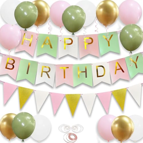 Geburtstagsdeko, Happy Birthday Girlande, Happy Birthday Deko, 16-pcs 12-inch Ballon mit 2-Bändern für Mädchen und Frauen Geburtstag Deko（Grün, Rosa, Weiß, Gold）