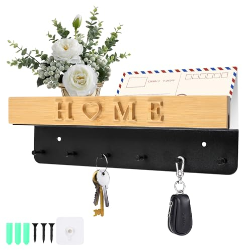 MaxAwe Erleichterungholz Schlüsselbrett mit Ablage, Wand Schlüsselhalter Schlüsselregal mit 6 Haken, Heim Dekor Wand Holztablett Schlüsselboard für Eingangsbereich, Flur, Küche, Büro, Wohnzimmer