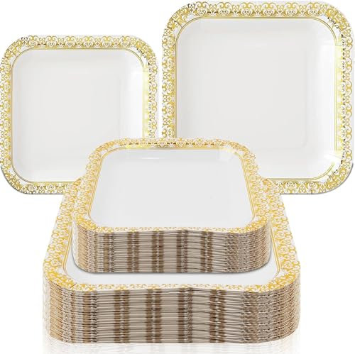 100 Piece Gold Paper Party Plates Bulk, 50 x 9 Dinner Plates and 50 x 7 Dessert Plate Gold Trim Design, Elegant Heavy Duty Disposable Paper Plate for Wedding, Party, Birthday, Baby Shower, BBQ