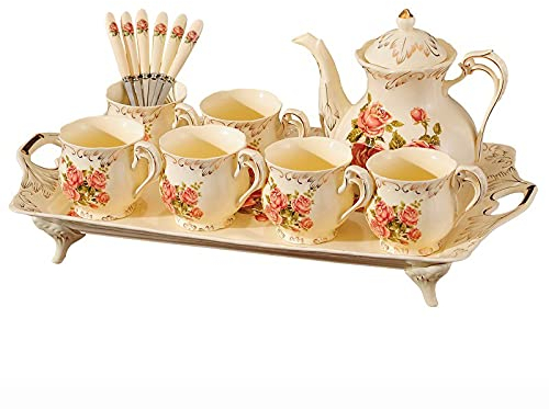 DDKYHU Servizio da tè in Porcellana Servizio da tè in Ceramica Bianca Britannica per Adulti, 1 Teiera, Set di 6 Tazzine da caffè e Cucchiaini con Vassoio