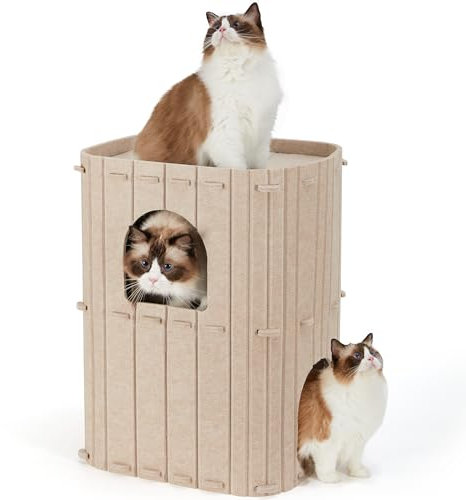 FUKUMARU Katzenhöhle,Stabile Katzenhöhle aus hochwertigem Filz，Katzenhaus Indoor 3 Schicht Katzenbett ，Katzen Höhle zum Schlafen, Spielen und Verstecken，Filzhöhle beige，45 x 37 x 60cm，Groß