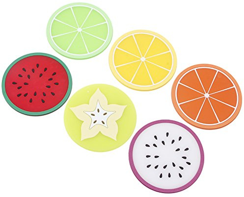 6 x bunte Getränkehalter aus Silikon in Obstform und Geschirr