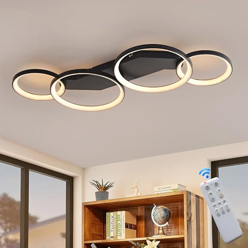 SEATAIN LED Deckenlampe Dimmbar Modern Wohnzimmer lampe mit Fernbedienung, 45W 80cm schwarz 4 Ring Schlafzimmerlampe, Farbtemperatur 3000-6000K, Helligkeit 10-100%, 4W Nachtlicht, Memory-Funktion