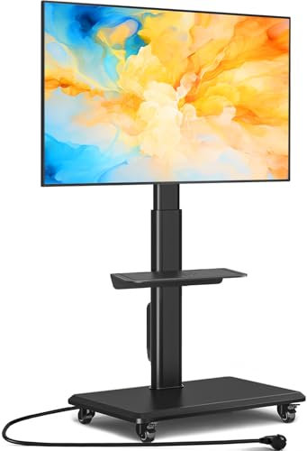 5Rcom Meuble TV mobile à roulettes pour téléviseurs plats incurvés de 32 à 55, support TV pivotant à roulettes avec base en bois, hauteur réglable avec une étagère VESA max 400 x 400 mm jusqu'à 35 kg