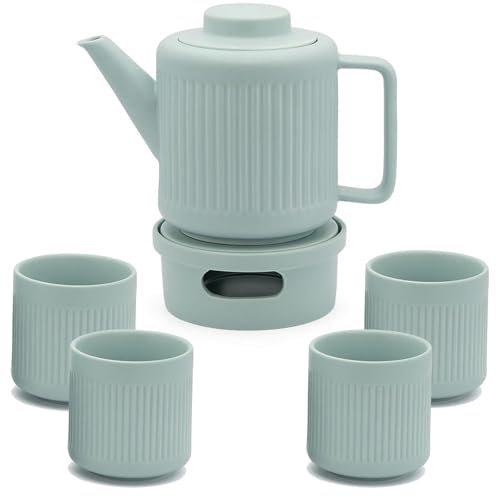 Bredemeijer Teekanne Set 1.2 Liter blaues Porzellan mit Edelstahl Tee-Filter Sieb-Einsatz für losen Tee & Teebecher 4 Stück & Stövchen für 1 Teelicht - ideal für duftende & blumige Teesorten