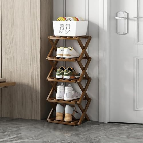 Scarpiera Pieghevole, Organizer Verticale per Scarpe in Bambù, Scaffale alto Multifunzionale e Stretto per Scarpe per Ingresso, Armadio, Angolo, Camera da Letto, Corridoio, Colore Marrone, 5 Ripiani