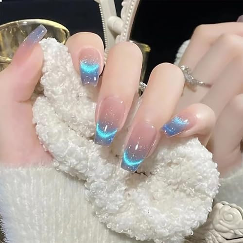 GlamRays 24pcs Blue Press On Nails Ombre Coffin False Nails Velvet Glitter Full Size Glue Shiny French Tip