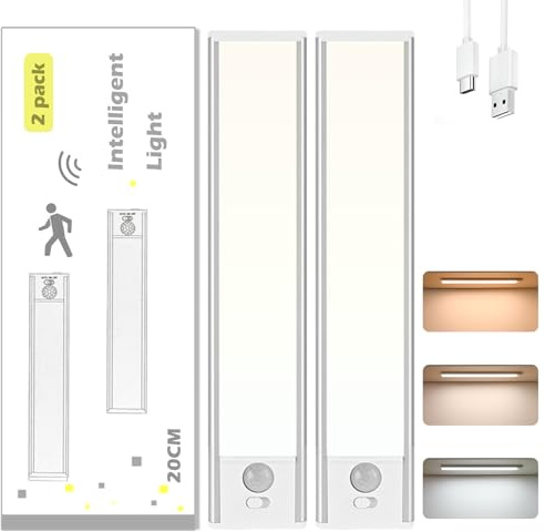 NXPUXP 2er-Pack LED-Schrankbeleuchtung,Küchen-LED-Leuchte mit Bewegungssensor,Schlanke Helle Schrankleuchte,Sensorleuchte für Kleiderschrank,Schlafzimmer,Keller(Silber 20 cm)