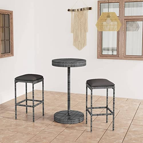 Xichuzi 3-TLG. Gartenbar-Set mit Kissen, Tisch Mit Stühlen Set, Gartenmöbel Sitzgruppe, Outdoor Möbel, Sitzgruppe Garten, Dining Table Set, Balkonmöbel Set, Poly Rattan Grau