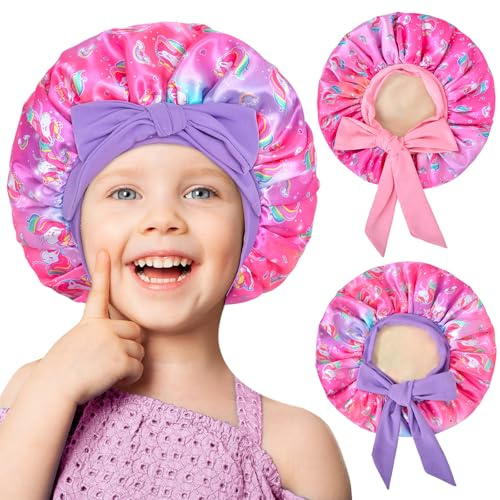 OlyPegic 2 PCS Kinder Hauben für Mädchen, Satin Seide Haube für Kinder Kleinkind Haube für Schlafmütze mit elastischen Krawatte Band Haar Haube