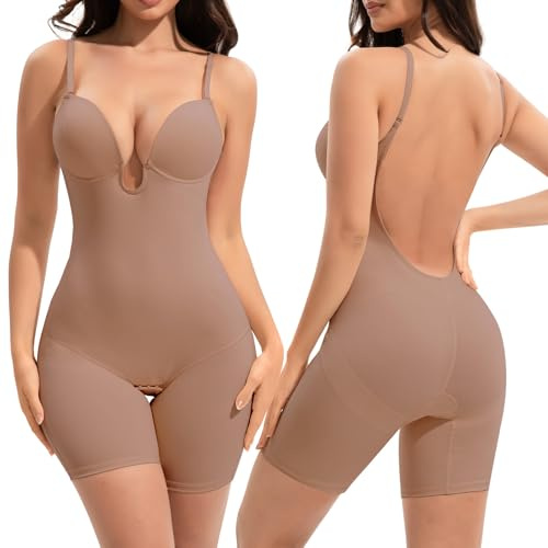 Slimers Backless Shapewear Controllo della pancia: Body modellante con scollo profondo a schiena bassa - Reggiseno snellente integrato modellante per tutto il corpo donna, Rosa pelle, Large