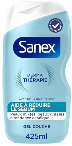 SANEX - Derma Thérapie, Gel douche 425ml | Réduit la production de sébum | Pour les peaux mixtes à grasses à tendance acnéique | Complexe d'acides aminés à la niacinamide | Barrière cutanée préservée